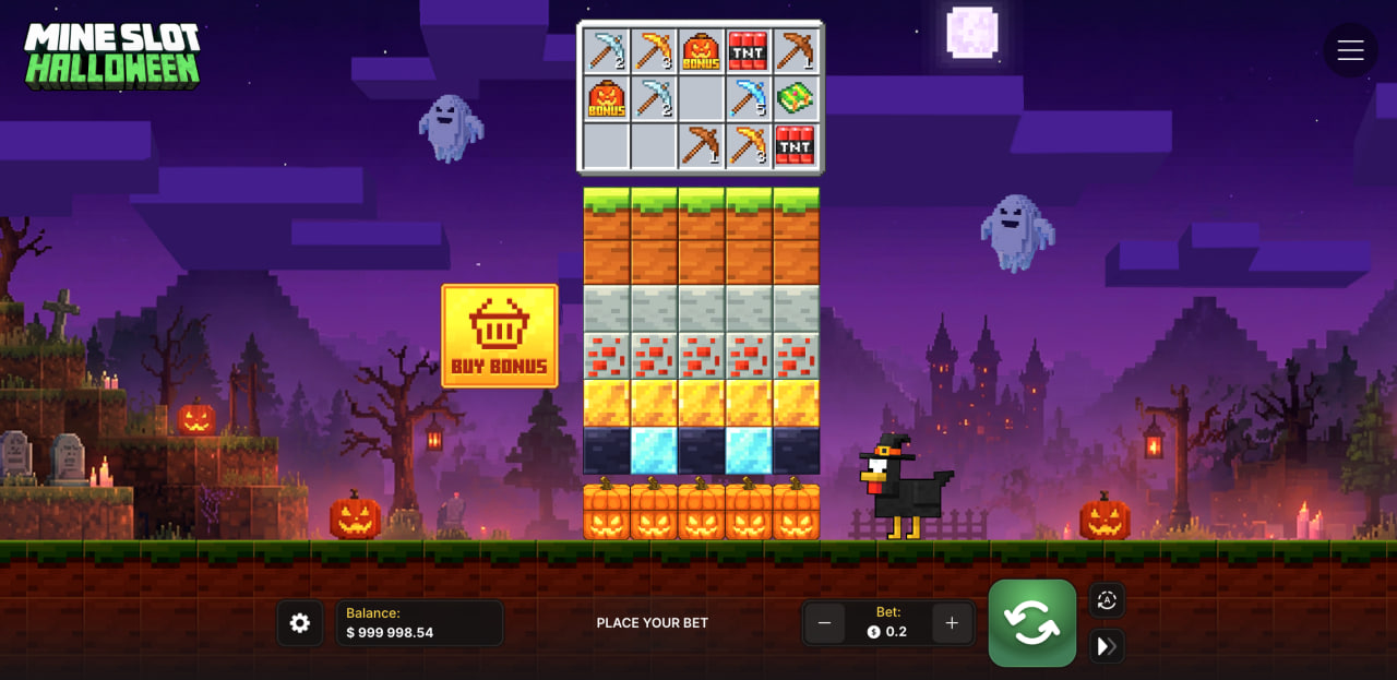 Gioco base di Mine Slot Halloween con blocchi, pannello attrezzi e tasto Buy Bonus