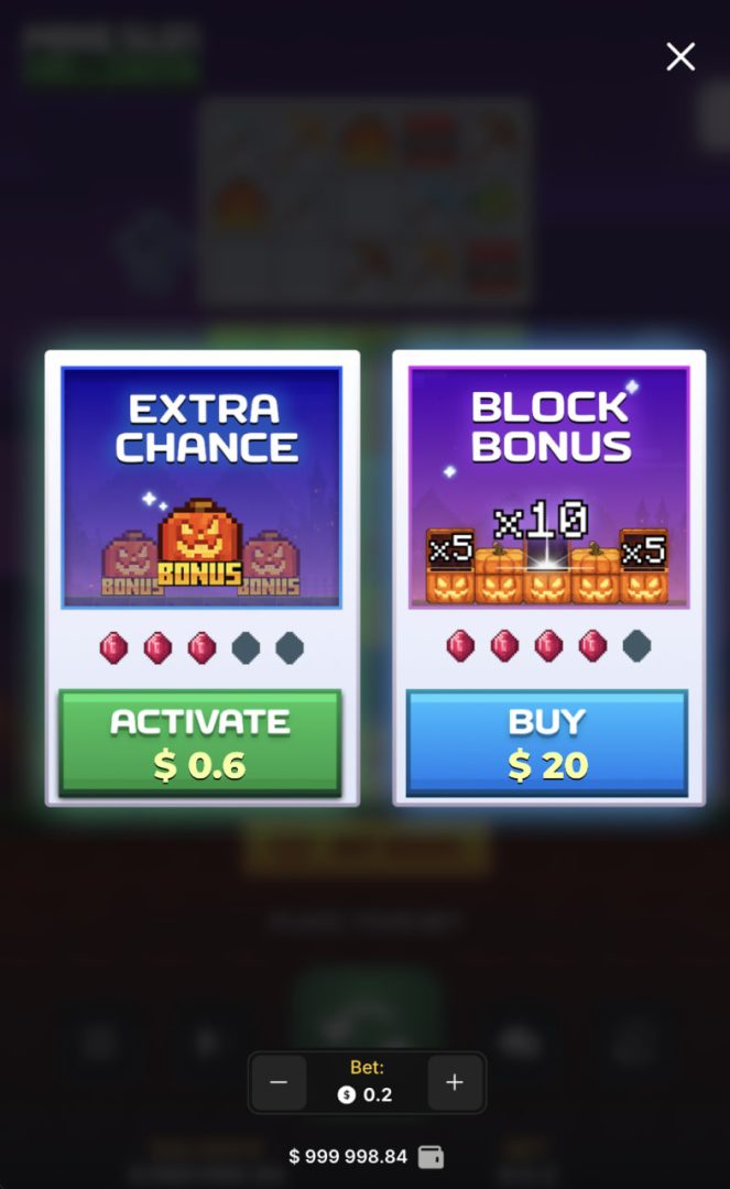 Opzioni Extra Chance e Block Bonus di Mine Slot Halloween in verticale su smartphone