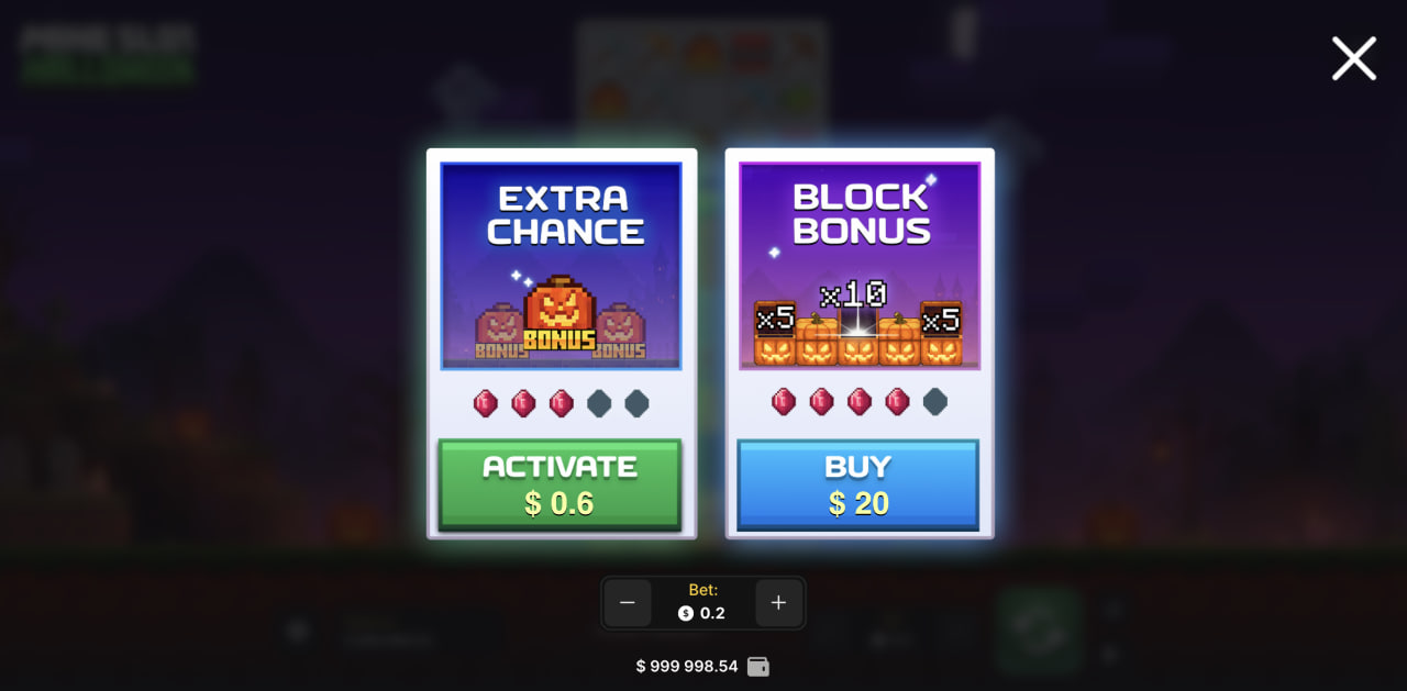 Pannello Extra Chance e Block Bonus di Mine Slot Halloween su desktop