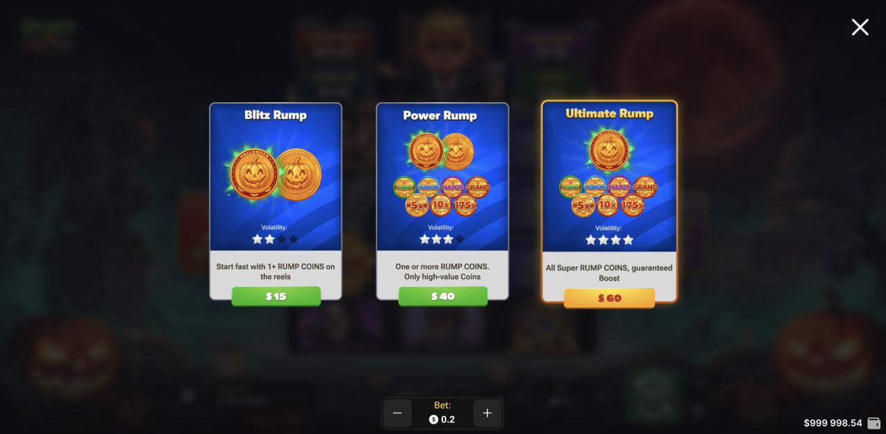 Schermata dei tre Buy Bonus di Rump & Halloween su desktop