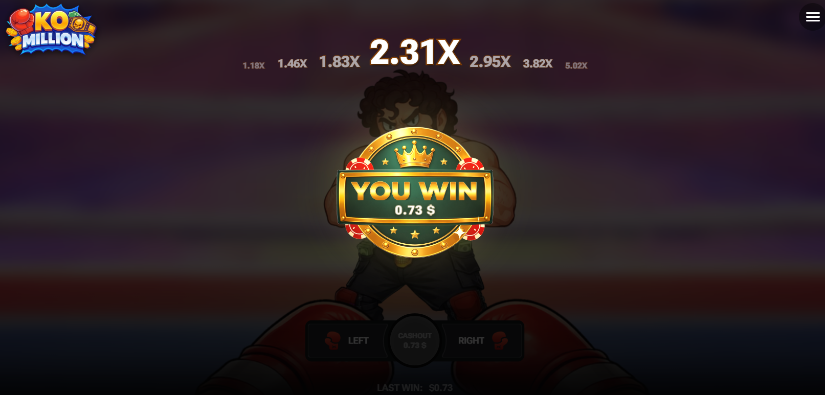 Schermata You Win di KO Million con incasso a 2,31x