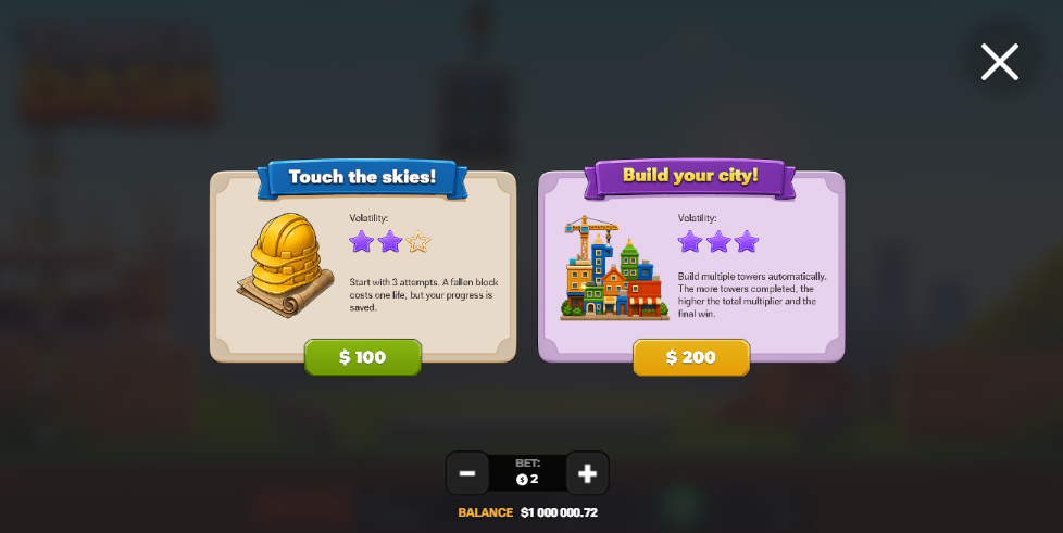 Opzioni Bonus Buy Touch the skies e Build your city in Tower Dash