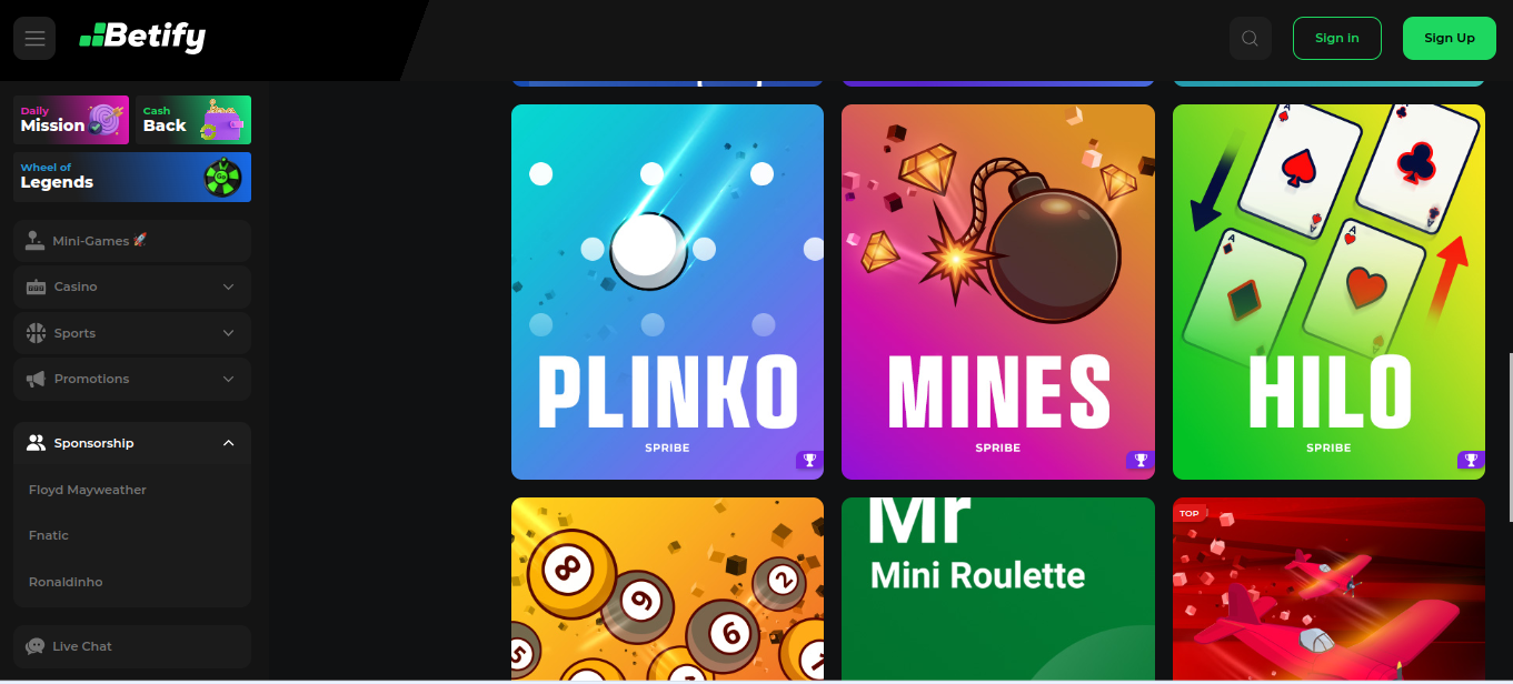 Mini-giochi Plinko, Mines e Hilo nella lobby di Betify