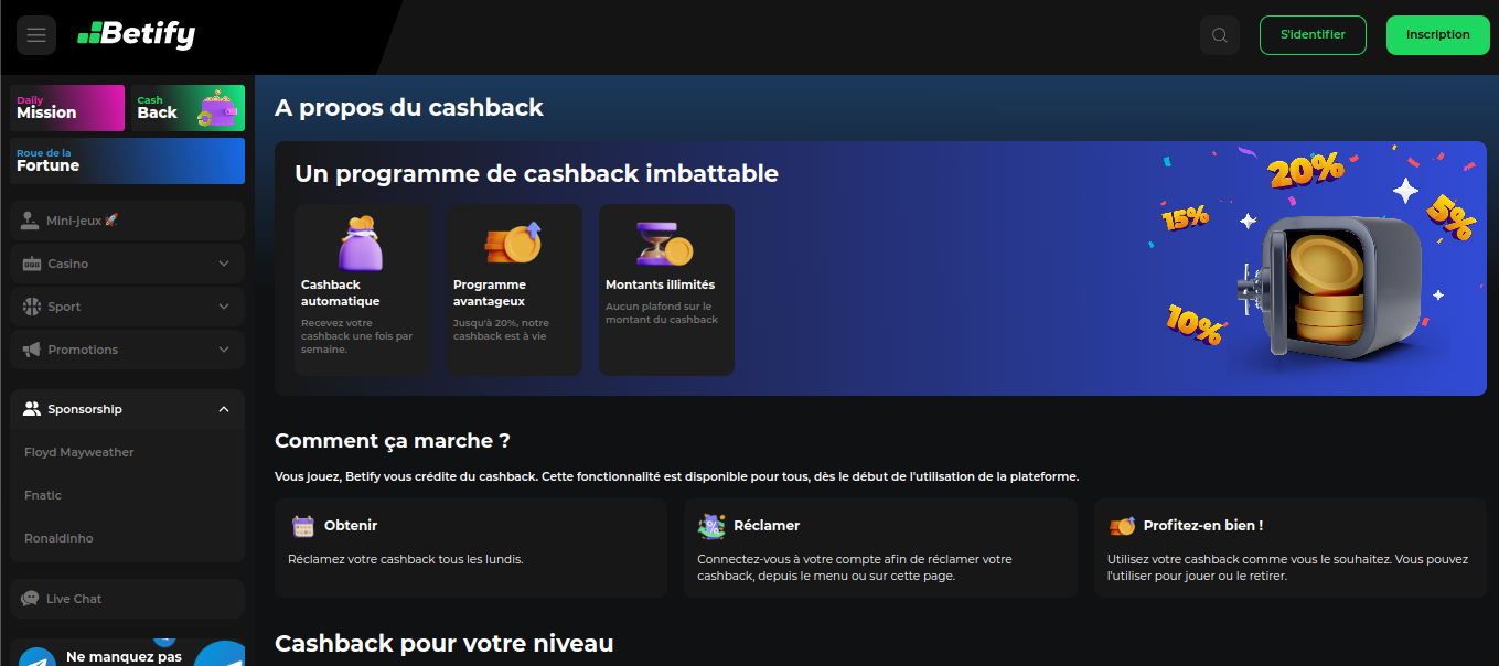 Programma cashback settimanale nella pagina promozioni di Betify