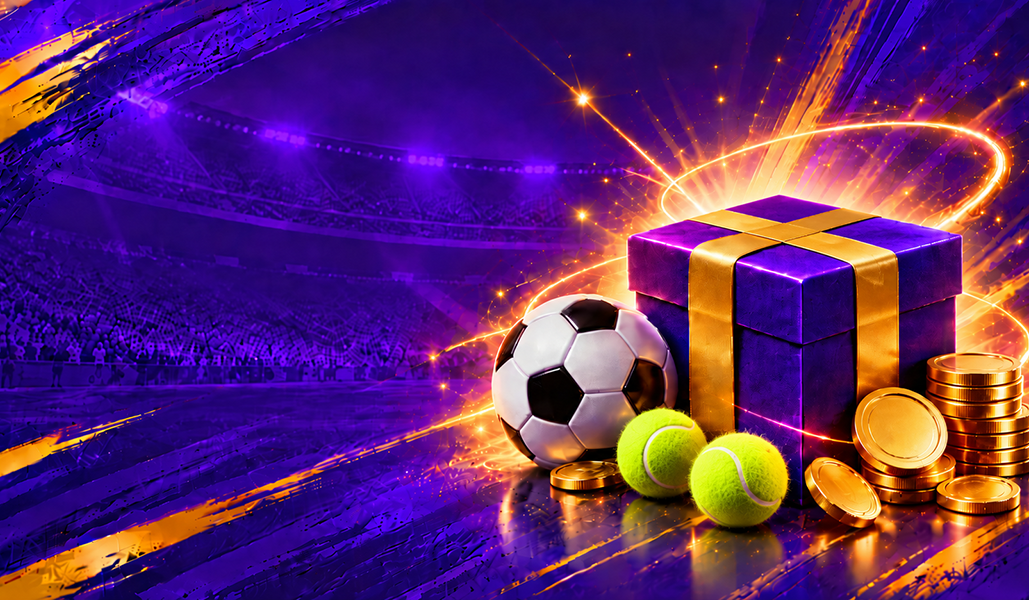 Just4win quote maggiorate con bonus sport e casinò, gioco d'azzardo e scommesse gratis da scoprire: cofanetto con palloni e monete