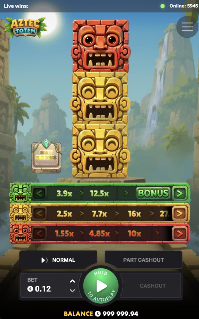 Aztec Totem su smartphone in verticale con pulsanti Cashout